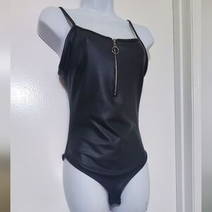 Iris Black Faux Fitted Zippered Bodysuit